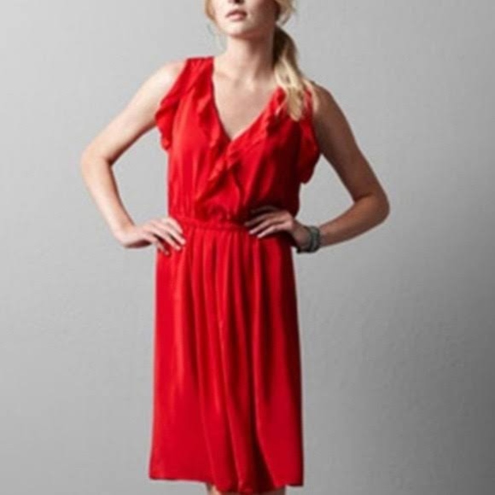 Loft red ruffle flutter silk dress